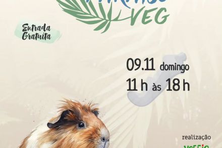 Cartaz com fundo claro do evento Paraíso Veg, com folhas verdes e um porquinho-da-índia ilustrado. Informa: “09 de novembro, domingo, das 11h às 18h, Rua Mucuri, 325 – Floresta, BH. Entrada gratuita e música ao vivo”.