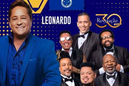 Imagem de fundo da cor azul, um desenho de uma raposa ao lado com 7 homens vestido socialmente