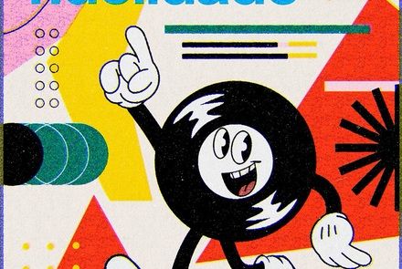 Cartaz do evento com ilustração de um disco de vinil ao centro e fundos animados nas cores vermelho, amarelo e rosa, com informações de data e local do evento.