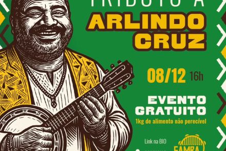 Flyer do evento com fundo verde e ilustração do cantor Arlindo Cruz, texto informa o evento