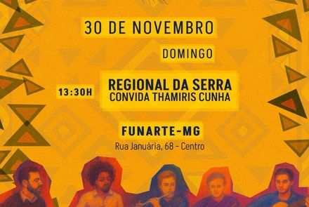Flyer de divulgação, fundo amarelo e ilustração de pessoas tocando instrumentos.