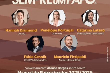 foto promocional com a foto de tres mulheres e dois homens que irão palestrar no evento