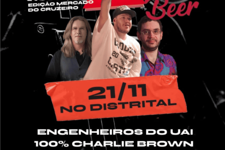 Imagem com tres pessoas no meio, um delas fazendo o sinal de rock, o nome do evento e a data com o local do evento