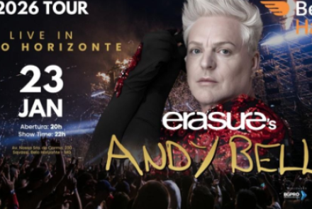 Imagem de um show com o rosto de um homem em destaque, ao lado a data e local do show