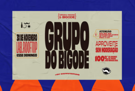 Imagem de fundo branco, com listras na cor azul e laranja, com o nome do grupo, local, data do evento.