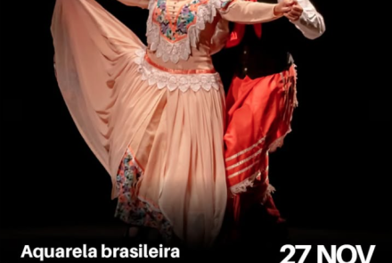 Poster de divulgação da apresentação "Aquarela Brasileira" do Grupo Folclórico Guararás - Com fotografia de um casal caracterizado como gaúchos dançando