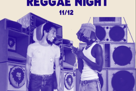 Flyer divulgação nas cores lilás e branco, imagem de caixas de som ao fundo e texto ao centro: " Reggae Night"