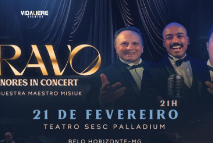 Imagem de três homens cantando, com o nome, data e local do evento