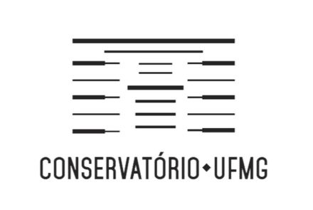 Logo Conservatório UFMG com fundo branco e imagem de traços pretos simbolizando o prédio da fachada do local.