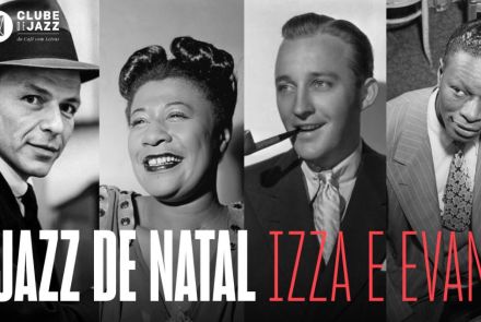 Cartaz do evento com retratos clássicos em preto e branco de artistas consagrados do jazz