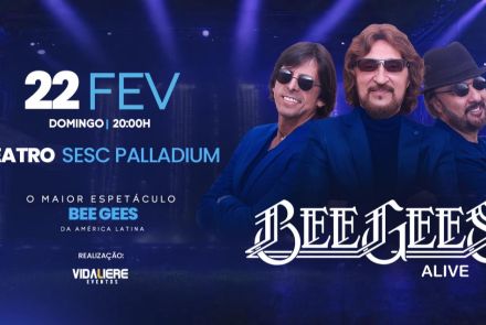 Flyer de divulgação com imagem ilustrativa do grupo e fundo azul