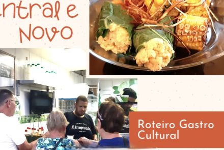 Poster de divulgação de "Rota dos Mercados Central e Novo" - Com fotos de um grupo de pessoas e um prato de comida