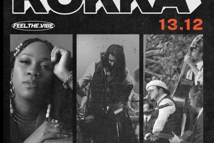 Flyer de divulgação da festa Rokka, com fundo preto e imagens em preto e branco dos DJS, texto informa o evento.