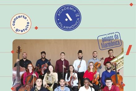 Flyer de divulgação com fundo azul e foto ao centro do Recital Academia Filarmônica, texto informa o evento. 