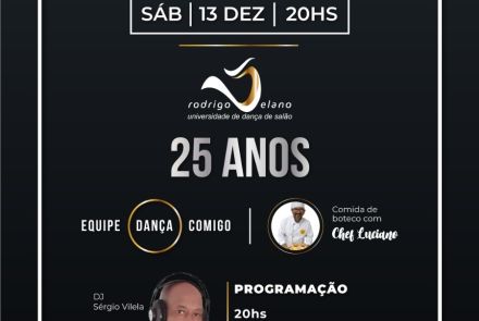 Flyer de divulgação com fundo preto, texto informa o evento