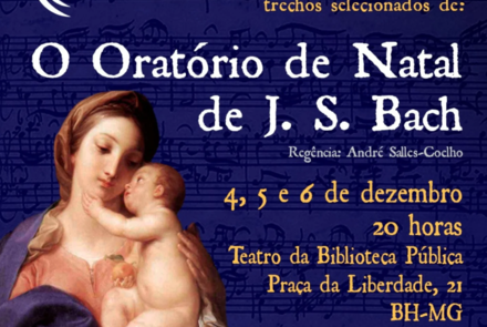 Flyer de divulgação do evento com fundo azul e imagem sagrada com textos informando o evento.