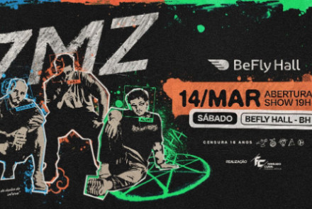 Imagem colorida com o desenho dos integrantes, ao lado a data e o local do evento. 