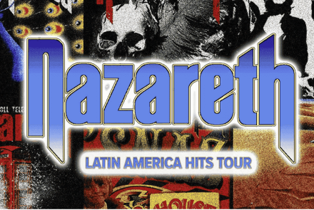 Imagem com fundo colorido, varios discos da banda, e o nome dela em destaque