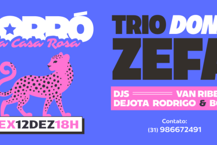 Flyer de divulgação nas cores roxo e rosa, texto informa o evento