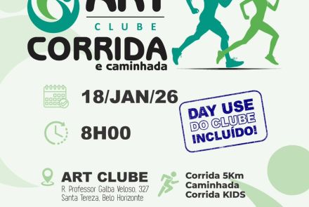 Panfleto digital com o título "Inscrições Abertas!" para evento esportivo. Inclui ilustrações em silhueta de um homem e uma mulher correndo.