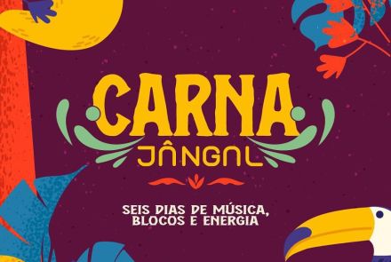 Cartaz com ilustrações de animais da selva (bicho-preguiça, tucano e onça-pintada) sobre fundo roxo escuro.