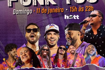 Cartaz festivo em tons de roxo e laranja celebrando os 9 anos do Bloco Funk You. O evento acontece no domingo, 11 de janeiro, das 15h às 23h, no Mercado Distrital do Cruzeiro. A imagem destaca fotos dos músicos sorrindo e informa shows de Bloco Funk You e Felipe Hott.