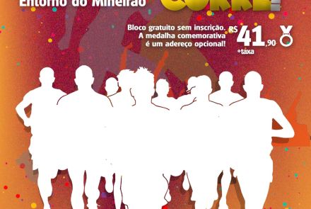 Cartaz festivo do evento "Bloco do Corre!". Sobre um fundo vibrante com confetes coloridos, destaca-se a data de 15 de fevereiro de 2026 e o local: Entorno do Mineirão. No centro, vemos silhuetas brancas de pessoas correndo. O texto informa que o bloco é gratuito e sem inscrição, mas há uma medalha opcional por R$ 41,90. Os horários são: concentração às 7h e saída às 8h.