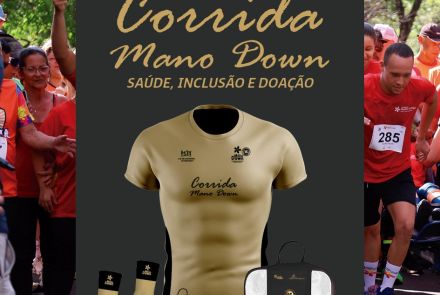 Cartaz da 15ª Corrida Mano Down, com o tema "Saúde, Inclusão e Doação". No centro, destaca-se o kit do corredor em tom dourado, composto por camiseta, meias e sacola. O fundo é cinza escuro, ladeado por fotos de pessoas correndo e celebrando. Na parte inferior, destaca-se a data 22.02.2026 e as logomarcas dos realizadores e patrocinadores, incluindo o Instituto Mano Down e o Ministério do Esporte.