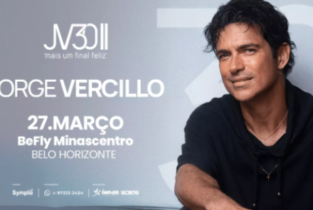 O cartaz anuncia o show de Jorge Vercillo em Belo Horizonte, que será realizado no dia 27 de março no BeFly Minascentro. A imagem apresenta o cantor à direita, sorridente e vestindo uma blusa preta, contra um fundo cinza-azulado que exibe o logotipo "JV30" e a frase "mais um final feliz". Na parte inferior, constam informações sobre venda de ingressos via Sympla e contatos para mais detalhes.