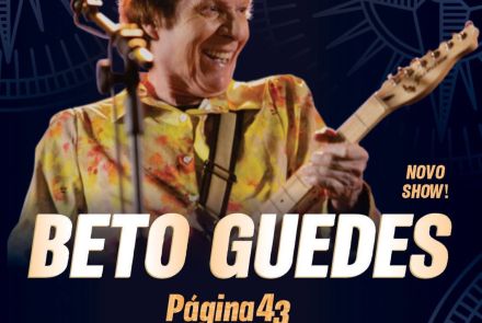 Flyer oficial com fotografia do artista Beto Guedes com texto informatvo do evento
