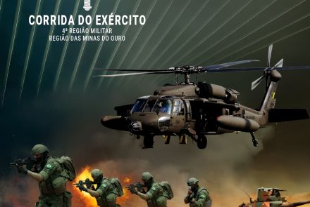 Flyer ilustrativo com imagem de soldados, helicóptero e tanque de guerra do exercito brasileiro 