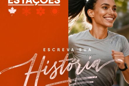 Foto de uma corredora vestindo a blusa cinza oficial da corrida 