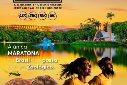 foto de capa da maratona com duas pessoas correndo na frente de animais e foto da lagoa da pampulha de fundo 