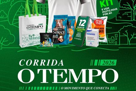 Foto de capa da corrida O tempo com plano de fundo verde, blusa da corrida, kit e informações sobre data, horario e local do evento 