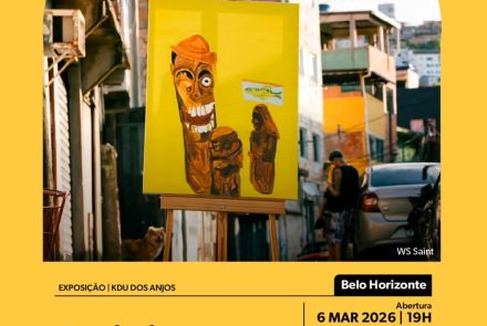 foto convidativa da esposição contento titulo, hora, data e local. A foto tambem mostra uma das obras do artista 