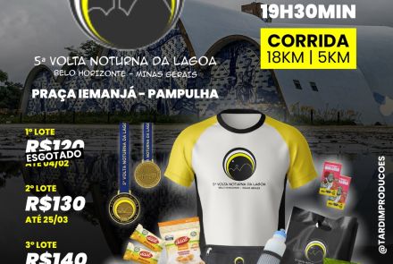 Cartaz publicitário da 5ª Volta Noturna da Lagoa, uma corrida de rua em Belo Horizonte, Minas Gerais. O evento acontecerá no sábado, 04 de abril de 2026, às 19h30, com largada na Praça Iemanjá, Pampulha.