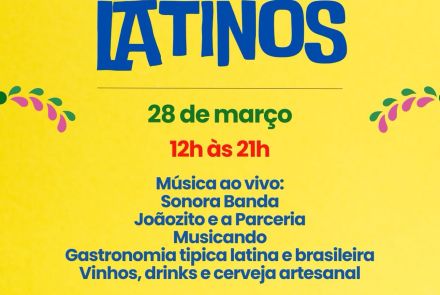 Fundo amarelo com texto colorido em verde, azul e vermelho convidando para o festival Sons e Sabores Latinos. contendo data e horario do event