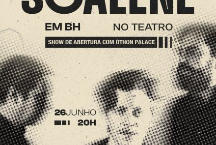 Cartaz do show da banda Scalene em Belo Horizonte. A imagem tem estilo retrô, lembrando jornal antigo em tons de bege e preto. No topo, o nome da banda em letras grandes. Ao centro, fotos sombreadas dos três integrantes e o anúncio do show de abertura com Othon Palace. Na parte inferior, as informações: 26 de junho, às 20h.