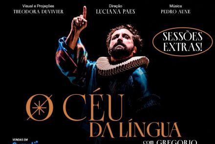 Flyer convidativo para o espetaculo chamado "o céu da língua", informando o local e data da apresnetação