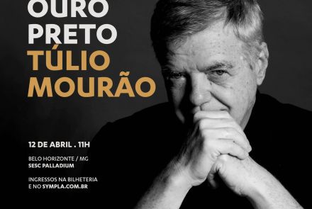 Flyer oficial do evento: Orquestra Ouro Preto: Túlio Mourão com imagem em preto e branco do artista Túlio Mourão
