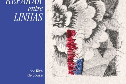 Foto convidativa para a exposição "Reparar entre linhas", contendo horário, data e local do evento 