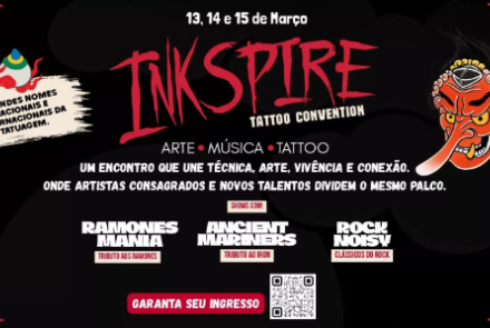 Cartaz oficial da Inkspire Tattoo Convention, que ocorre de 13 a 15 de março de 2026 no Minascentro, em Belo Horizonte. O design apresenta o título em letras vermelhas sobre um fundo escuro com nuvens e uma máscara japonesa Tengu. O evento promete unir arte, música e tatuagem, contando com shows das bandas Ramones Mania (Tributo a Ramones), Ancient Mariners (Tributo a Iron Maiden) e Rock Noisy (Clássicos do Rock). Há um QR Code para compra de ingressos.