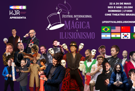 Cartaz promocional do Festival Internacional de Mágica e Ilusionismo, apresentado por KJR Produções. Sobre um fundo roxo, a imagem destaca uma montagem com cerca de 20 artistas de diferentes nacionalidades em poses de performance, utilizando baralhos, máscaras e trajes típicos. Há também oito bandeiras representando os países participantes: Brasil, EUA, China, França, Argentina, Índia, Coreia do Sul e Portugal.