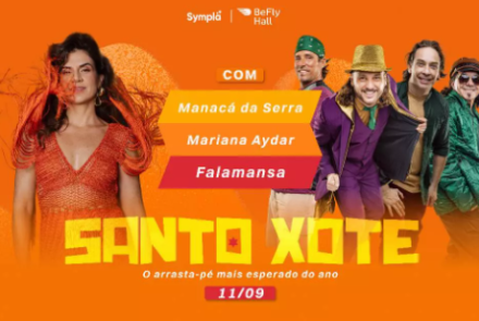Banner promocional de um evento de forró com fundo alaranjado vibrante. No topo, as marcas Sympla e BeFly Hall. No centro, em letras amarelas estilizadas, lê-se o título "SANTO XOTE", seguido pela frase "O arrasta-pé mais esperado do ano" e a data 11/09.
