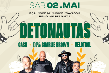 Banner promocional do Festival Mineiro da Cerveja, que acontecerá no sábado, 02 de maio, na Praça José M. Júnior (Savassi), em Belo Horizonte. O destaque principal é a banda Detonautas, cujos integrantes aparecem em uma foto na parte inferior. O cartaz também anuncia as bandas Cash, 100% Charlie Brown e Velotrol. A arte tem um estilo rock, com ilustrações de mãos fazendo o símbolo de "rock on", copos de chope e ramos de malte sobre um fundo bege com raios solares sutis.