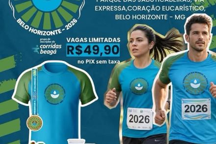 Foto de capa convidativa da corrida com título, data, horário e local, havendo também foto de dois corredores usando a camisa oficial e preço do ticket
