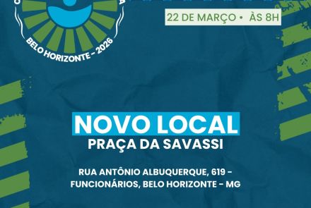Banner de divulgação da corrida com informações sobre inscrição e novo local, em fundo azul escuro e textos em verde, branco e azul claro. 