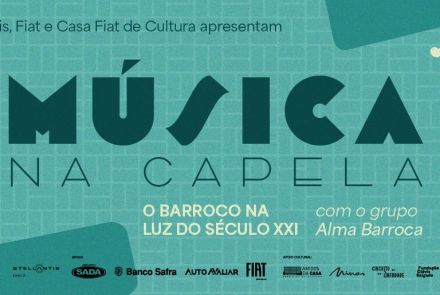 Folder de divulgação da Música na Capela. Imagem com fundo da cor aqua, contém informações sobre o evento, incluindo patrocinadores, local, data e tema. Figura ilustrativa de um violino na cor bege.