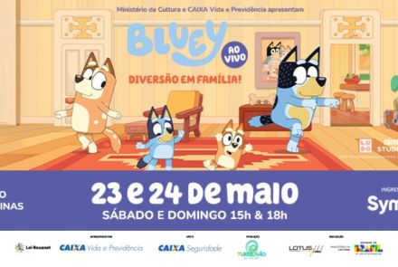 Folder de divulgação do show "Bluey ao vivo – Divuersão em família!". Desenho animado infantil com quatro personagens de cachorro em uma sala de estar. Fundo com tons claros e marrons.