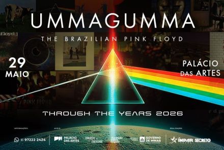 Folder de divulgação do show "Ummagumma – The Brazilian Pink Floyd – Through The Years 2026". Em destaque: polígono triangular refletindo um espectro de cores, símbolo da banda Pink Floyd; ao fundo, fotografias representando elementos marcantes da banda. Informações sobre o evento nas partes superior e inferior da imagem.